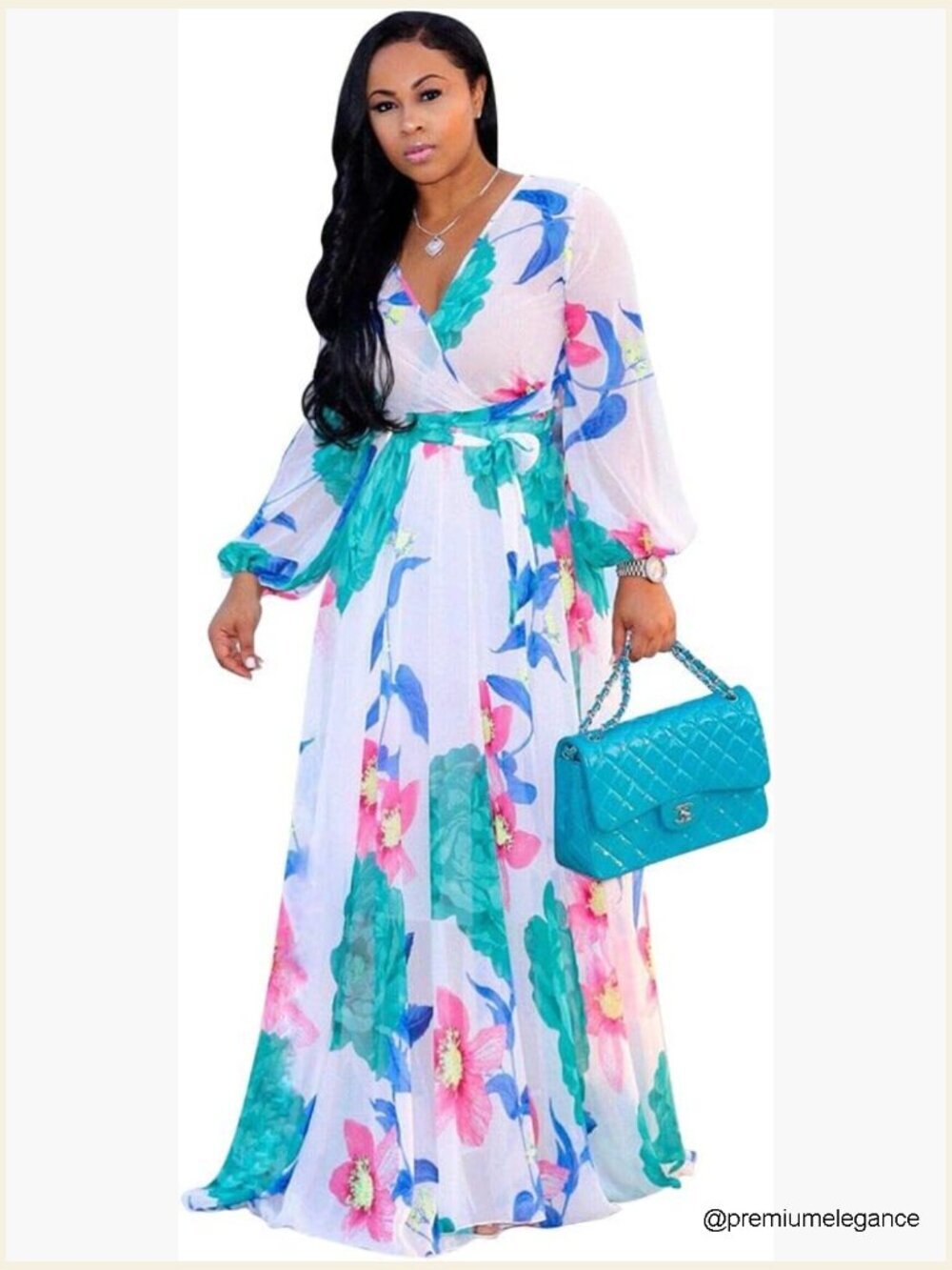Chiffon Deep V-Neck Maxi Dress Loose Boho Summer Dress High Waist